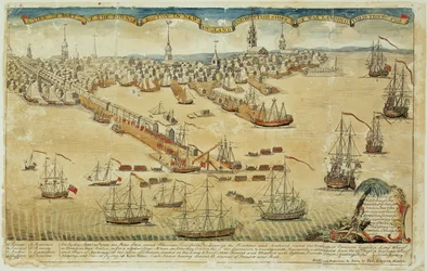Ein Blick auf einen Teil der Stadt Boston in Neuengland und britische Kriegsschiffe landen ihre Truppen! 1768